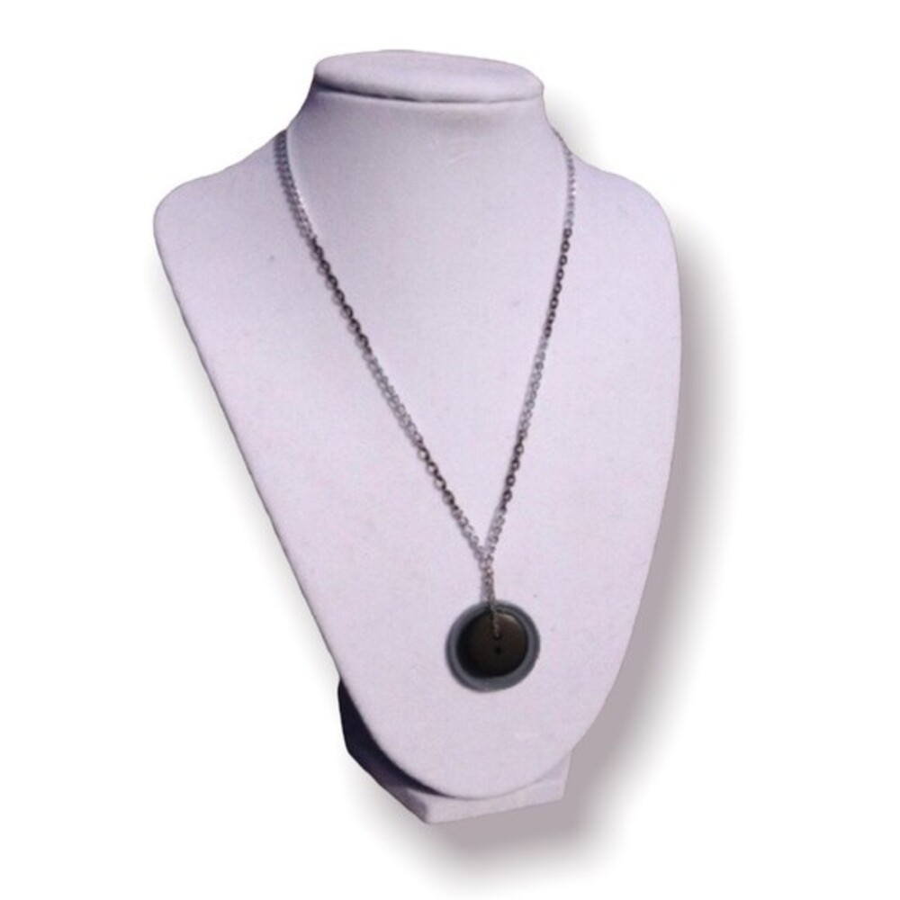 Handmade Button Necklace Stacked Blue Button Pendant on Two Tone Chain